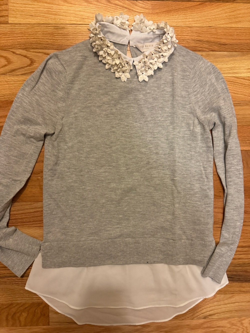 Ted Baker Gray Layered Sweater Top with Floral Collar
